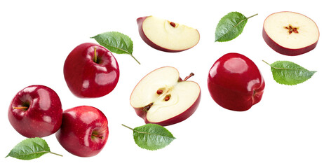 sliced red apples with green leaves isolated on white background. clipping path