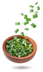 zest of onion in wooden bowl isolated on white background. clipping path