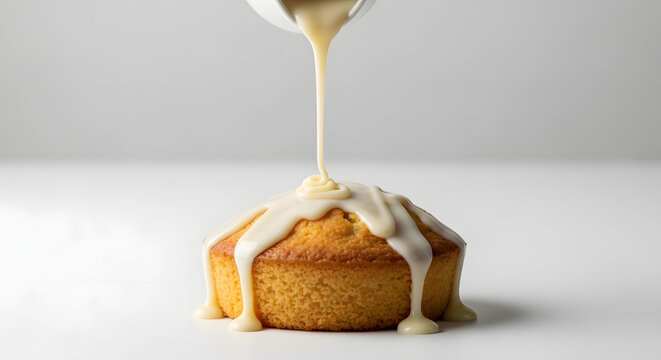 Condensed milk drip over baked dessert in minimal studio style