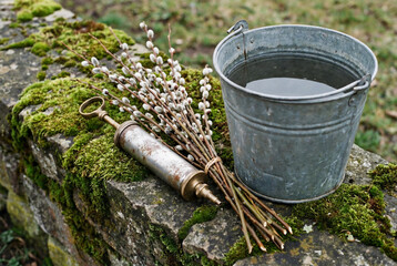 Rustic still life with willow branches, a metal bucket of water, and an antique syringe on a mossy stone wall, preparing for the Polish Wet Monday Easter tradition