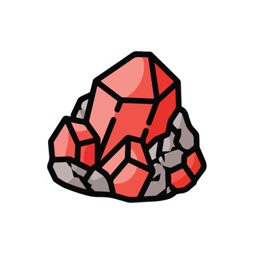 A digital illustration of a red crystal formation viewed from the side, showcasing its geometric facets and surrounding rocks in a simple, graphic style