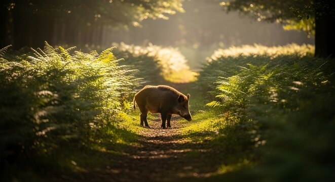 Vista frontal del jabal&iacute;, sus scrofa, parcialmente escondido en la vegetaci&oacute;n alta en el bosque primaveral.
 Animal salvaje en la naturaleza frente a la c&aacute;mara con espacio para copiar.