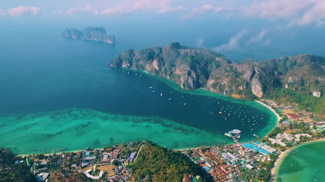 Aerial view to Ao Tonsai pier in Koh Phi phi island, Thailand