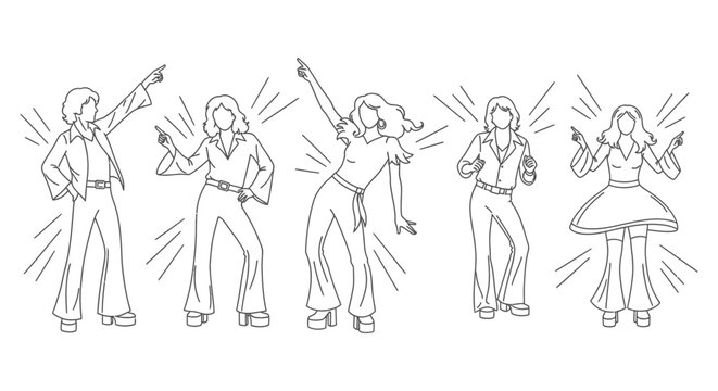 line art illustration of five energetic disco dancers in iconic retro 70s fashion grooving for vintage party music themes.