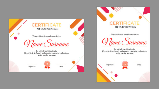 Bold red and pink geometric Certificate of Participation with star ribbon, celebrating creativity and enthusiasm