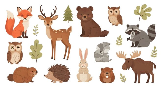 Ilustraci&oacute;n de dibujos animados planos de animales del bosque.
 Lindo zorro, lobo, oso pardo, b&uacute;ho, venado, ardilla listada, lince vector clipart de vida silvestre para libros infantiles.