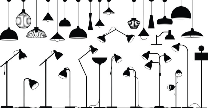 Modern Interior Lighting Silhouette Icon Set Featuring Pendant Lamps, Desk Lights, Floor Lamps, and Ceiling Fixtures for Home Decor and Architecture Design