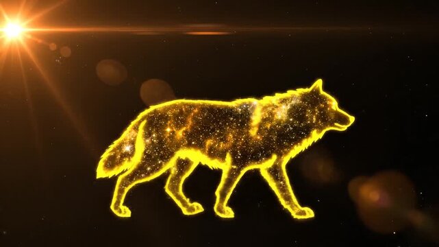 Glowing wolf silhouette against black background with lens flare