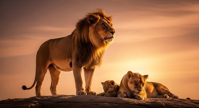 Familia de leones, rey de la jungla, c&aacute;lidos animales sociales.