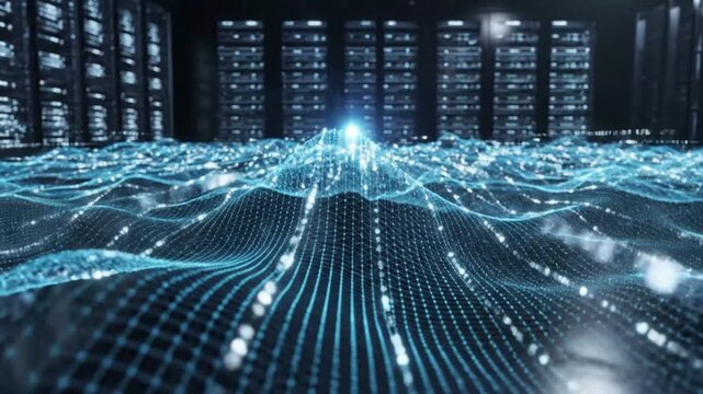 Abstract digital landscape of glowing blue data points and server racks.