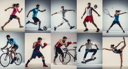 Fototapeta premium Collage deportivo sobre fútbol, fútbol americano, baloncesto, tenis, boxeo, hockey sobre hielo y sobre césped, tenis de mesa.