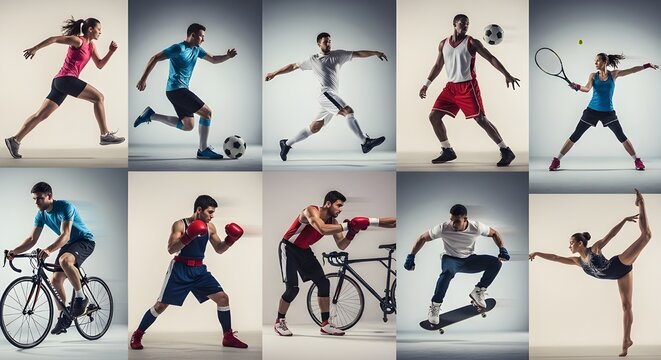 Collage deportivo sobre f&uacute;tbol, f&uacute;tbol americano, baloncesto, tenis, boxeo, hockey sobre hielo y sobre c&eacute;sped, tenis de mesa.