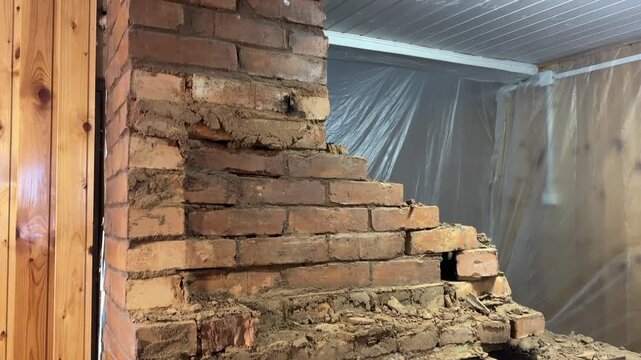 Dismantling an old heating stove. The stove is disassembled down to the firebox and ash pit.