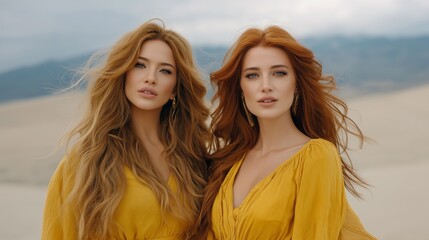 Fototapeta premium Glimmering in golden sunlight, twin sisters stand hand-in-hand in flowing yellow dresses. Their radiant hair dances in the gentle wind against a serene desert backdrop