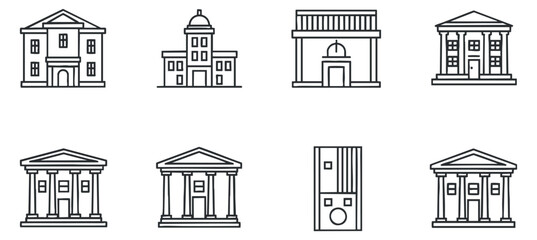 Fototapeta premium A collection of smart contract icons featuring documents, checkmarks, gears, and locks in a clean outline vector style, suitable for technology and blockchain projects