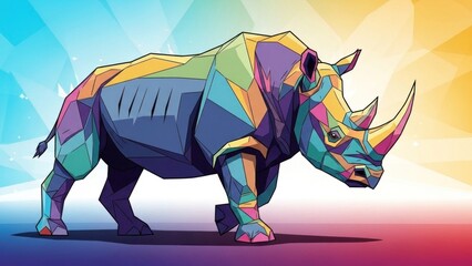 Obraz premium A colorful, geometric rhinoceros illustration with a geometric background.