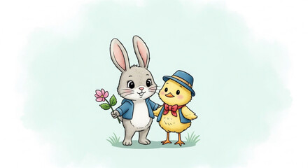 Friendly rabbit and chick standing together with flower in hand