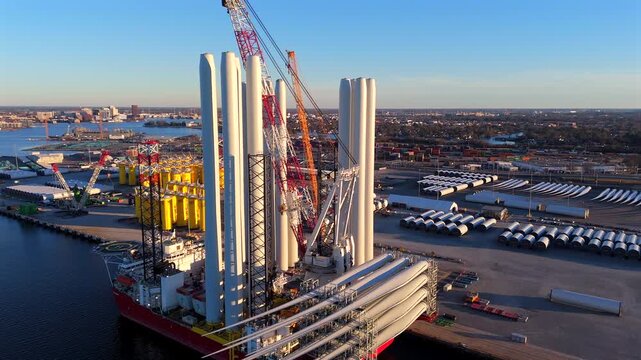 Close-up drone view of wind turbine blades and jack-up vessel at offshore terminal
