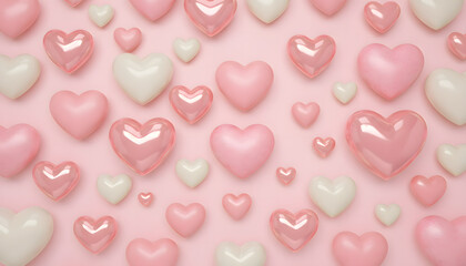 Fototapeta premium Hearts of Affection: A delicate display of varying sizes and hues, pink and white hearts, forms a captivating pattern against a soft backdrop, celebrating the essence of love and tenderness.