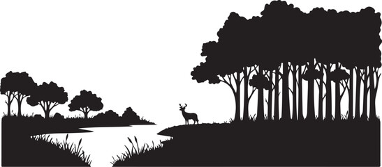 Fototapeta premium Serene forest landscape with deer and trees silhouette scene