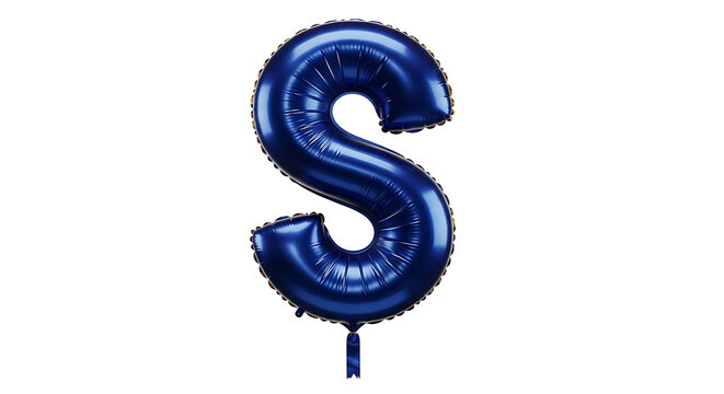 a glossy blue letter s foil balloon perfectly inflated and isolated on a pure white background perfect for celebratory event designs.