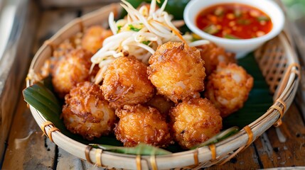 Fototapeta premium Golden fried coconut shrimp balls are presented on a banana leaf inside a woven bamboo tray with dipping.
