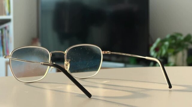 Golden Rim Eyeglasses on Table in Bright Sunlight