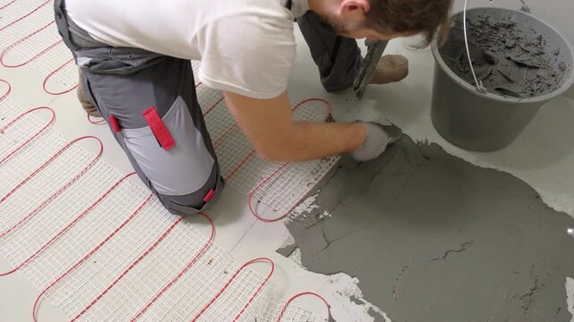 Construction worker preparing tile surface, mixing mortar substrate for flooring, underfloor heating mat. Workman combines adhesive in renovation setting. Operating power tool during bathroom upgrade