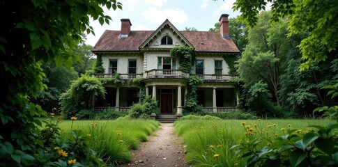 Fototapeta premium Abandoned mansion with grand entrance and overgrown garden, darkness, decay