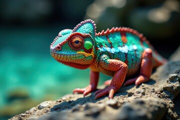 Fototapeta premium Chameleon's multicolored skin blending with turquoise waters, ocean, underwater