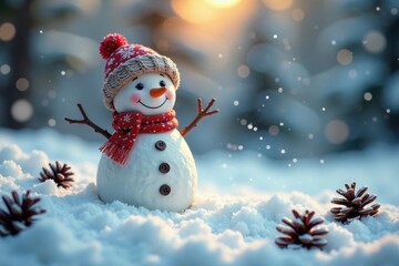 Cheerful snowman amidst snowflakes and pinecones on a snowy ground, evergreen, snowman