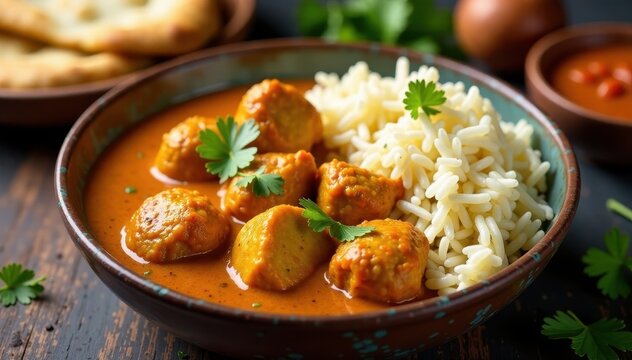 Chicken Korma served in a shallow bowl with a side of steaming basmati rice and naan bread, aromatic spices, chicken