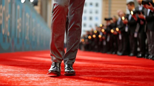 Well dressed men in stylish suits and polished shoes stepping confidently on a red carpet, arriving at a sophisticated gala, premiere, or exclusive corporate event