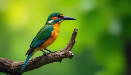 Obraz premium Close-up of a brightly colored bird on a twisted tree limb , forest scenery, ornithology