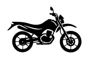 Simple black solid silhouette classic motorcycle, vintage fuel tank shape, wire spoke wheels, minimal vector artwork
