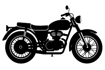 Fototapeta premium Simple black solid silhouette classic motorcycle, vintage fuel tank shape, wire spoke wheels, minimal vector artwork