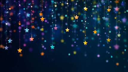 A vibrant display of colorful stars cascading through a dark, whimsical sky, creating a magical atmosphere with shimmering trails of light and ethereal, glowing celestial patterns.
