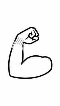 Animated black and white line art illustration of a strong arm flexing a bicep muscle, symbolizing power and fitness concepts.