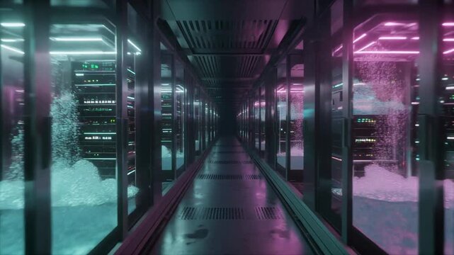 Futuristic Data Center Aisle with Boiling Two-Phase Immersion Cooling Tanks. Neon Server Room Corridor for AI Infrastructure