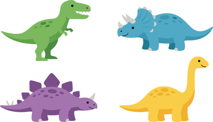 Cute Colorful Dinosaur Vector Illustration Set Featuring T-Rex Triceratops Stegosaurus and Brachiosaurus on White Background © MDTAREK