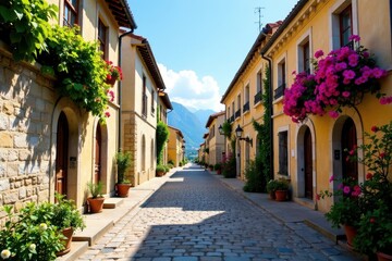 Fototapeta premium Cobblestone street lined with ancient buildings and blooming flowers, French Riviera, Historic Old Town