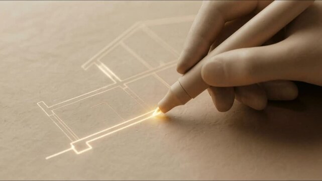 Close-up of hand using stylus to trace glowing house floor plan lines on a flat surface indoors