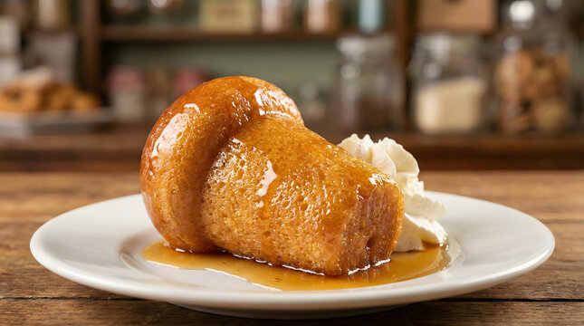 Traditional Italian Rum Baba cake soaked in syrup with whipped cream on a white plate.