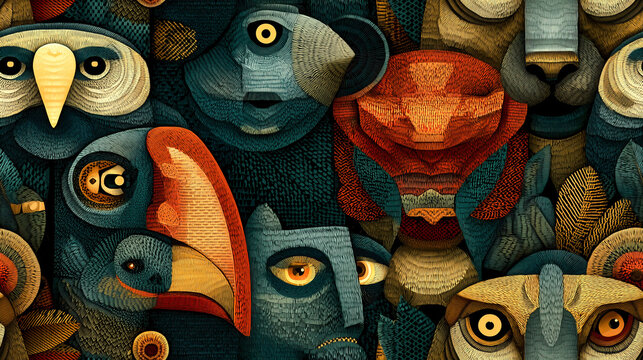 Tribal animal totem seamless pattern abstract face folk art carved texture vibrant color stylized bird feline head owl eye totemic motif stir curiosity with layered detail and rhythmic symmetry