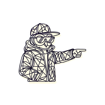 Cool owl character in streetwear fashion, wearing sunglasses and a backward cap, pointing right. Hipster animal mascot with urban style.