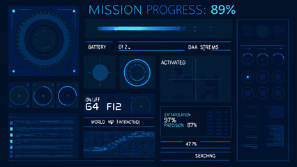 Futuristic user interface displaying mission progress data streams and system metrics