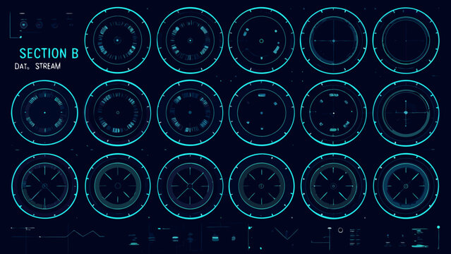 Futuristic interface displaying various radar or targeting system elements