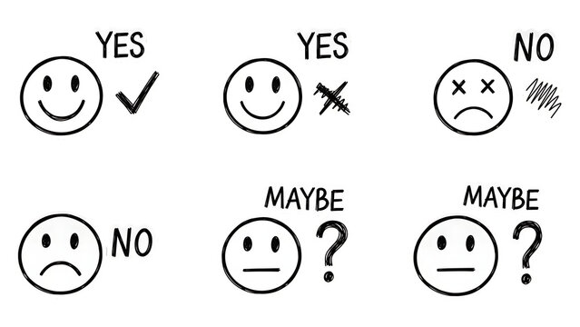 Smiley faces with yes no and maybe expressions emoticons and reactions on a transparent background