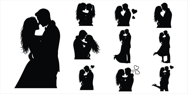Silhouettes of couples embracing in various romantic poses on white background love romance