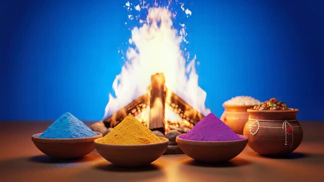 Holi Festival Colors and Holika Dahan Bonfire Celebration